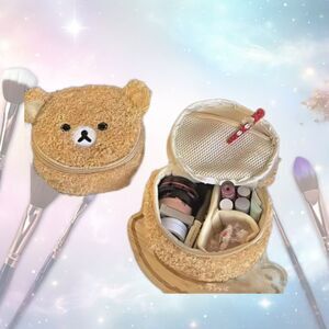 Furry Fluffy Bear Travel Cosmetic Bag Stitched Face